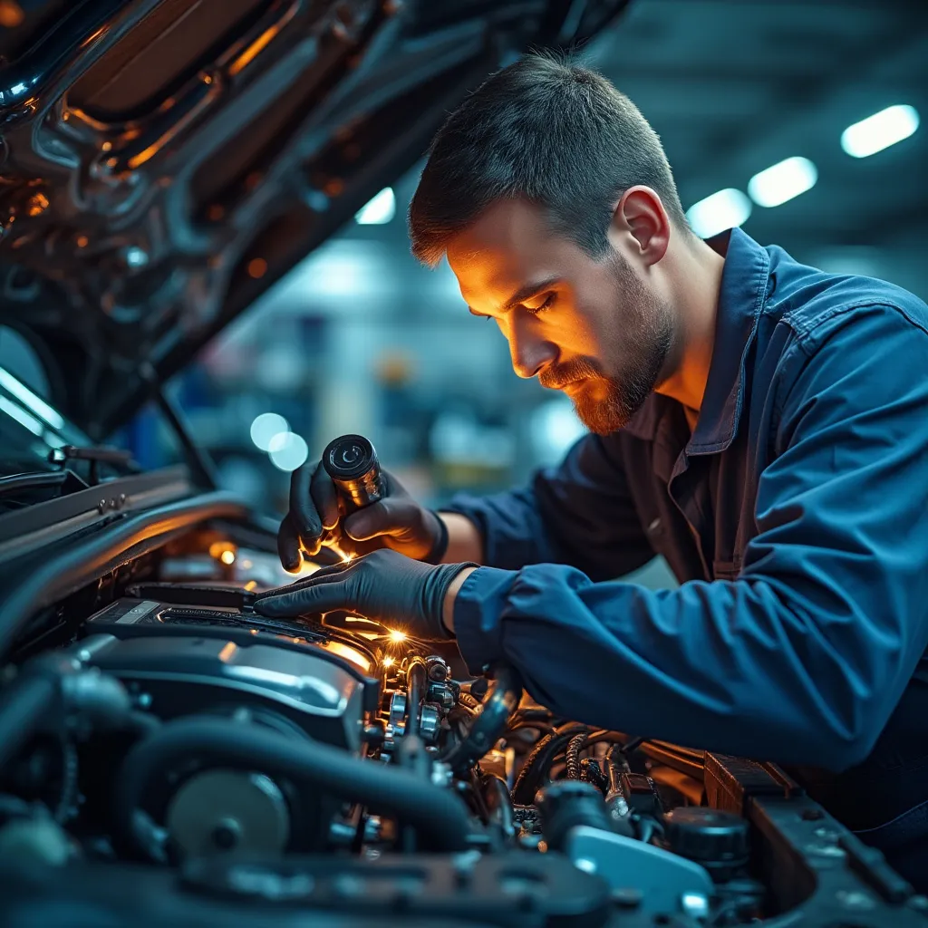 Mecánico reparando motor de vehículo con herramientas avanzadas