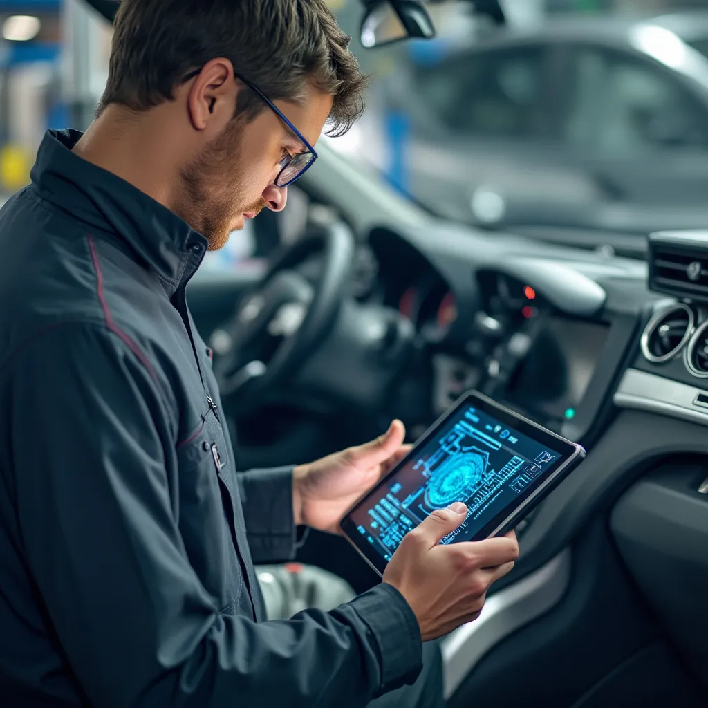 Técnico revisando sistemas electrónicos con tablet