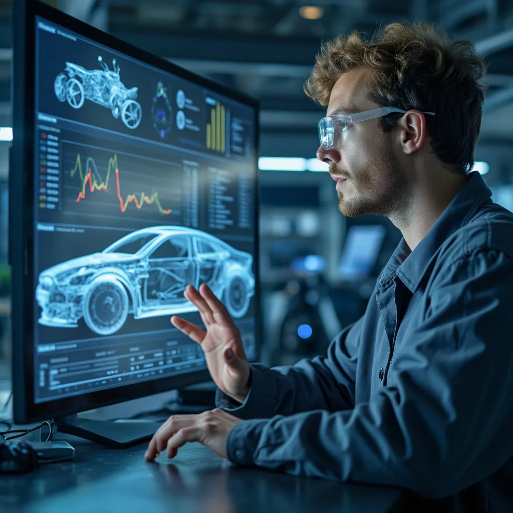 Ingeniero analizando datos de prototipo de automóvil